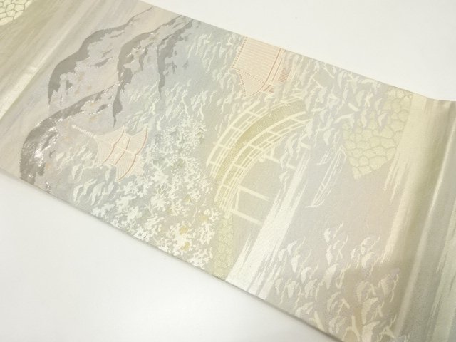 JAPANESE KIMONO / FUKURO OBI / NISHIKI PLATINUM FOIL / WOVEN PAGODA